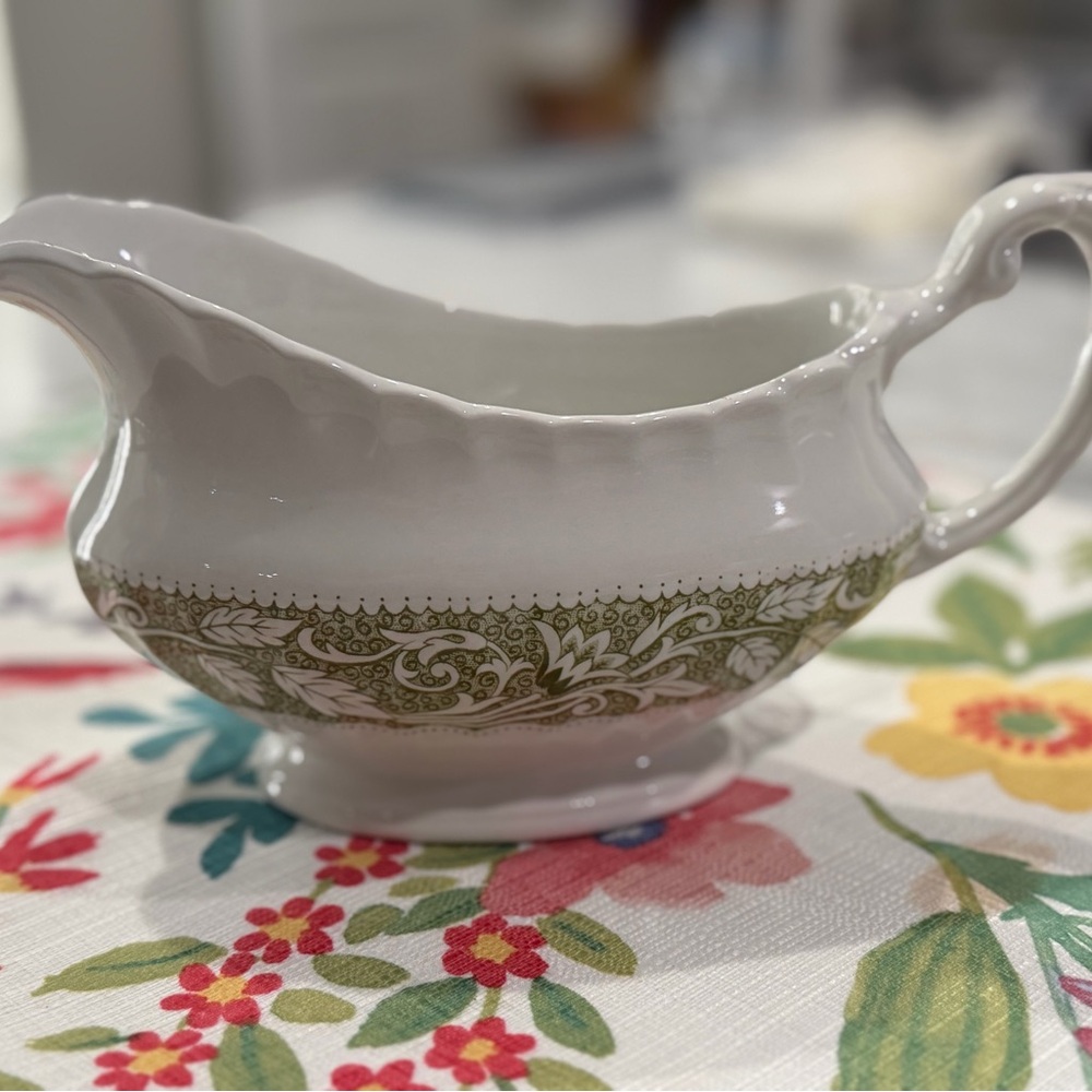Vintage Ceramic Gravy Boat with Olive Green Paisley Border